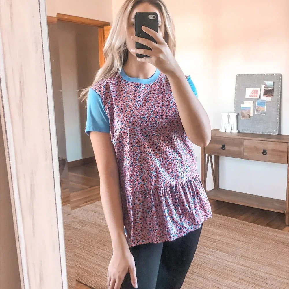 JIL SANDER Floral Blue Short Sleeve Tee Top Crew Neck Blouse Women's S